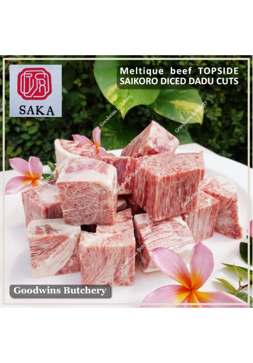 Beef TOPSIDE Australia MELTIQUE SAKA meltik (wagyu alike) daging rendang dendeng frozen SAIKORO DICED CUBED DADU cuts 4cm 1.5" (price/pack 500g 9-10pcs)